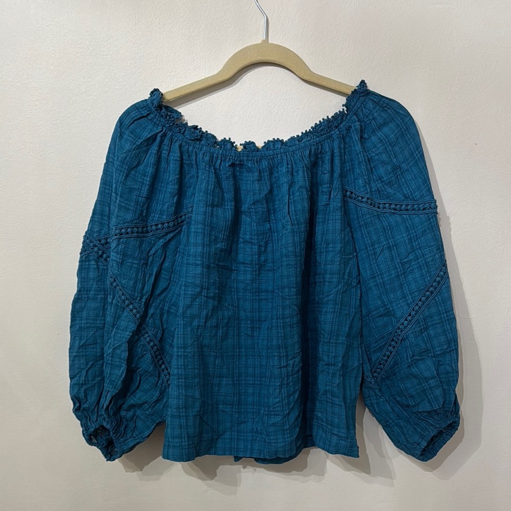 Max Studio Blue Puff Sleeve Smocked Blouse